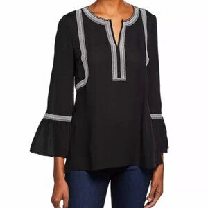 Kobi Halperin black white embroidered Sabina V neck bell sleeve silk blouse, S